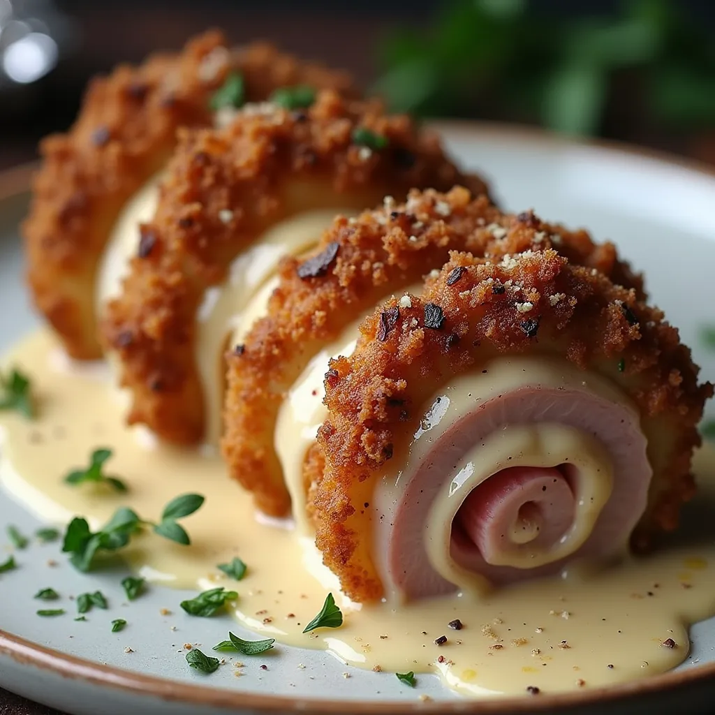 Breaded chicken rolls stuffed with ham and cheese, drizzled with rich sauce on a white plate