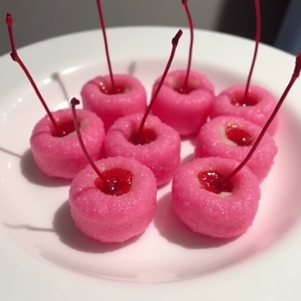 Sweet candied cherries with stems intact, rolled in vibrant pink sugar for a beautiful dessert presentation