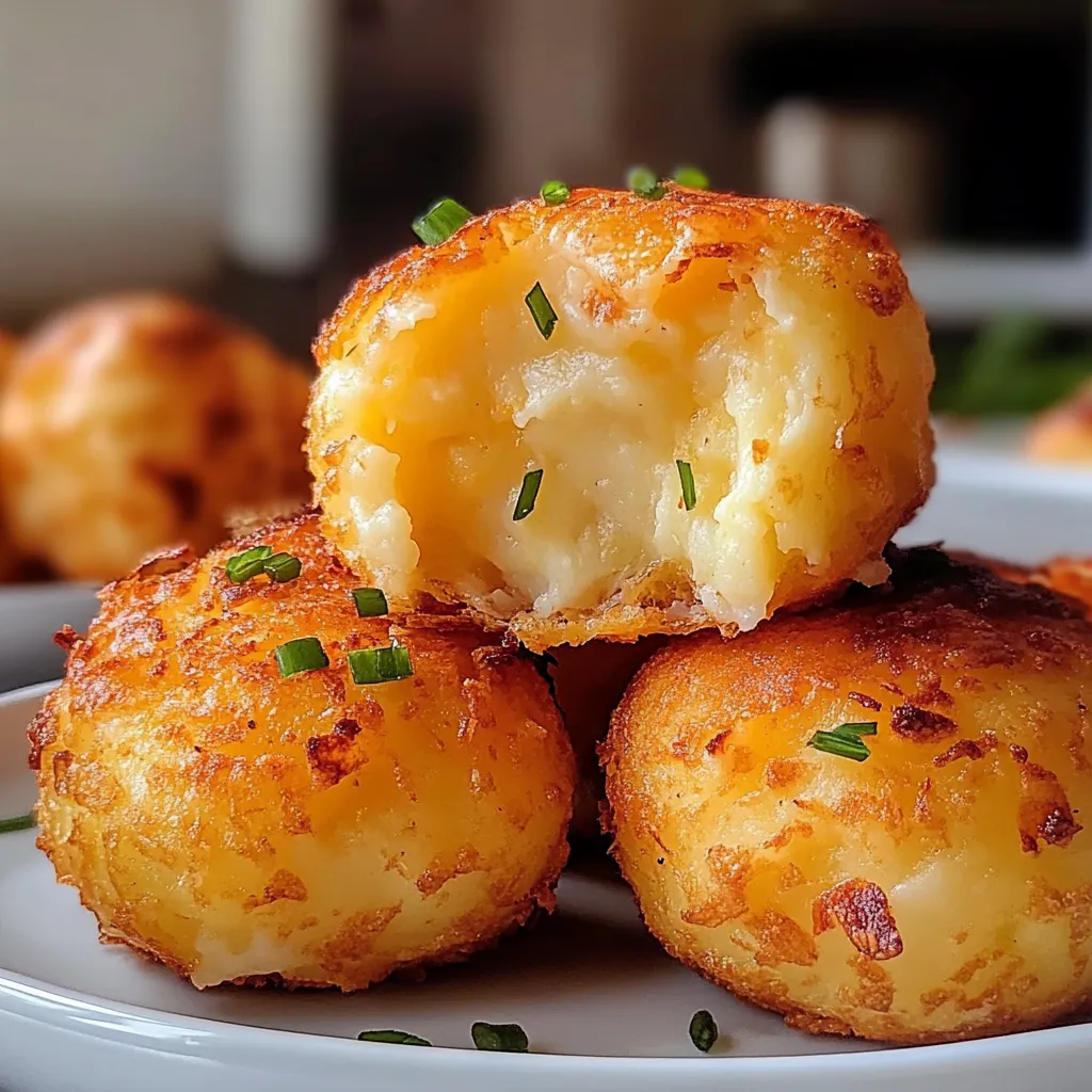 Stack of three golden brown potato cheese puffs on white plate with visible cheese pull