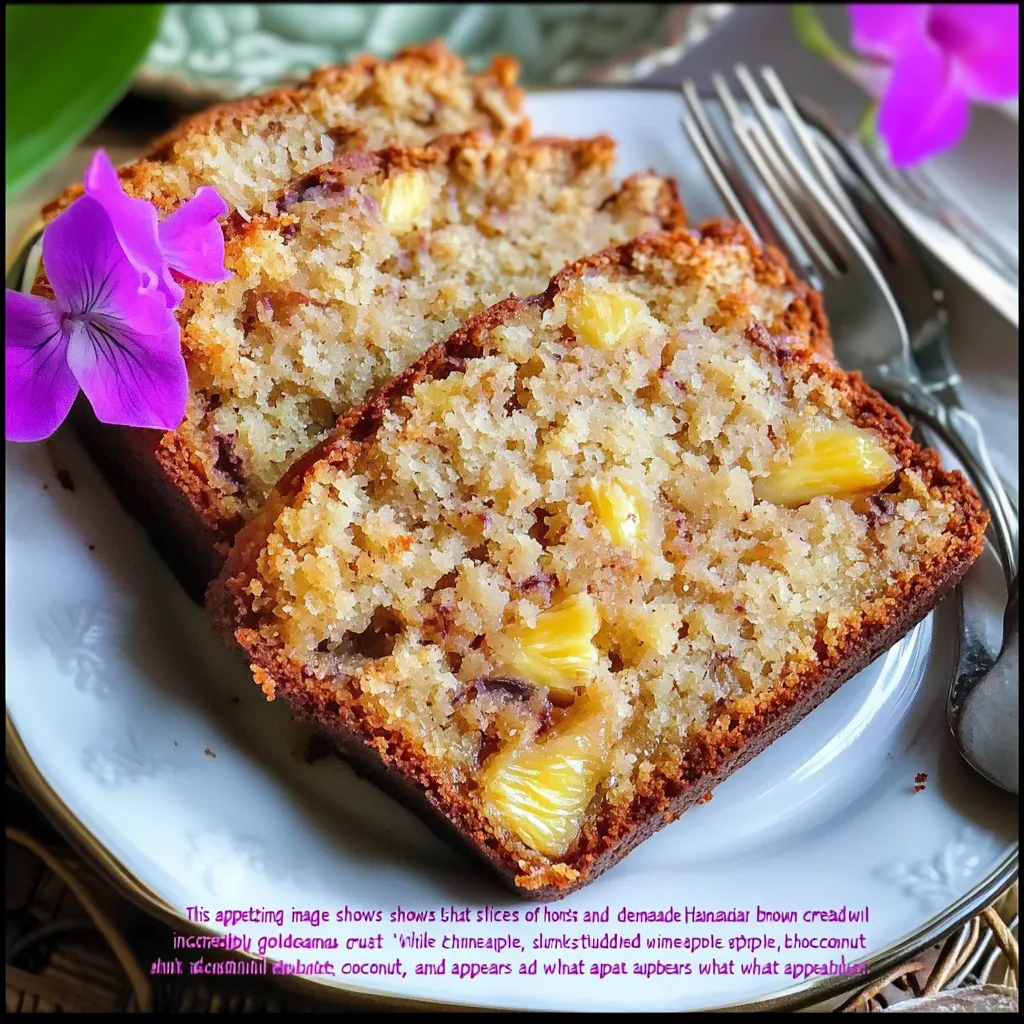 Close up photo of golden Hawaiian banana bread slices showing visible pineapple chunks and coconut flakes with elegant presentation