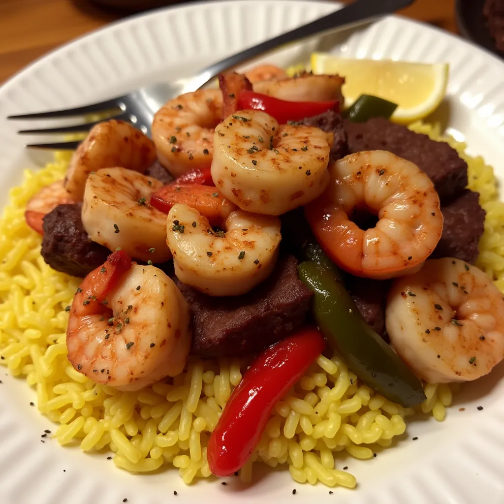 Close-up of succulent shrimp and andouille sausage with colorful bell peppers served over saffron rice.