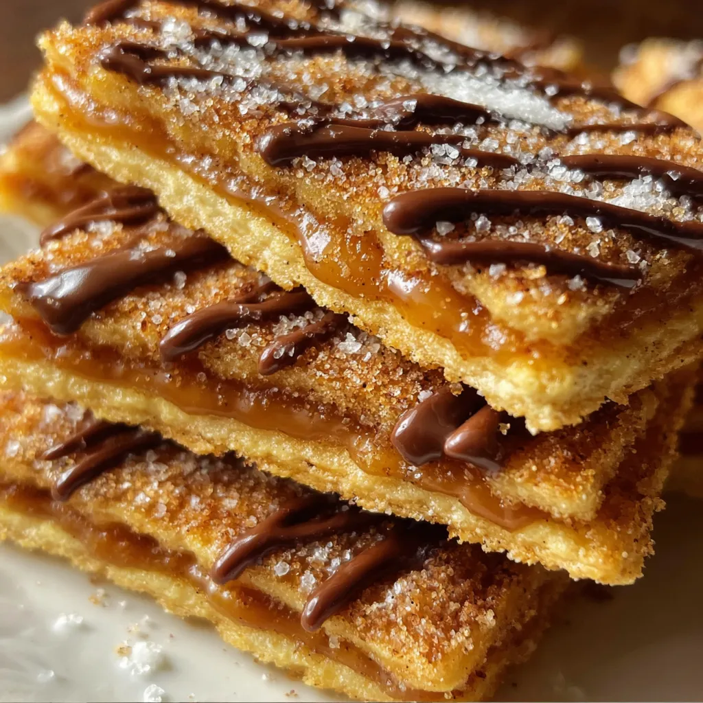 Stack of crispy churro candy bars with glistening caramel layers and sparkling sugar