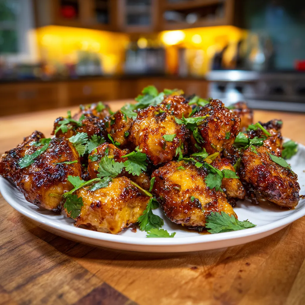 Caramelized chicken pieces with Thai sweet and spicy sauce perfect for appetizers