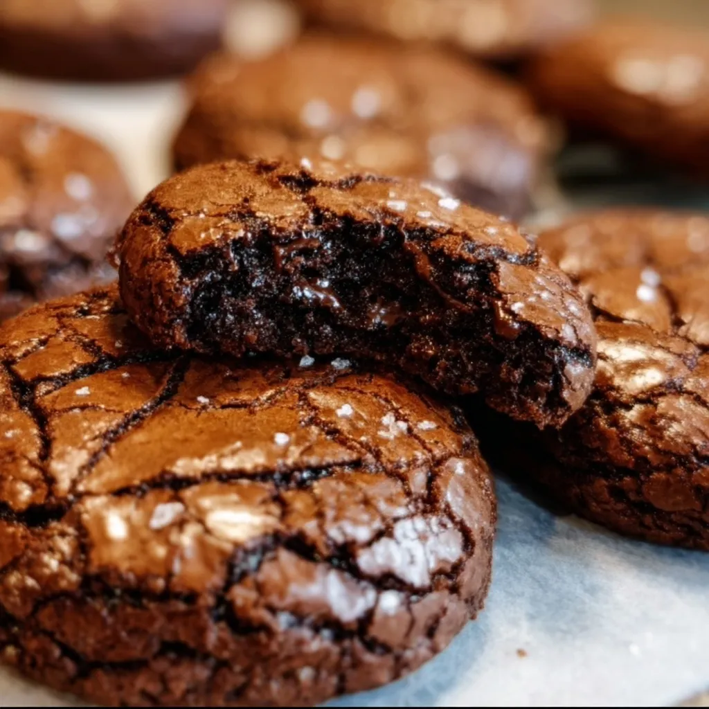 Homemade brownie cookies with glossy chocolate surface, crinkled edges and melted chocolate chips on top