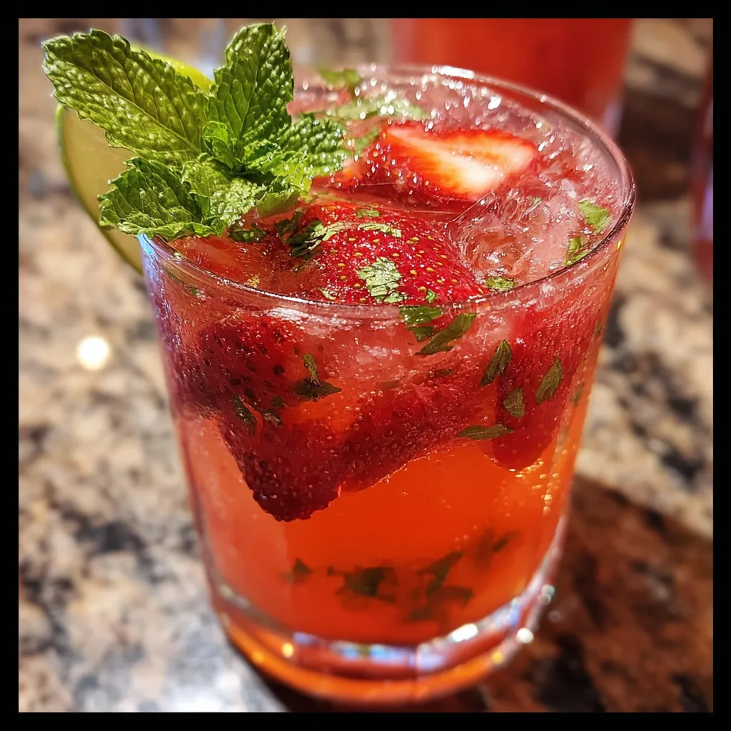 Refreshing strawberry sipper drink with mint leaves and fruit garnish on wooden surface