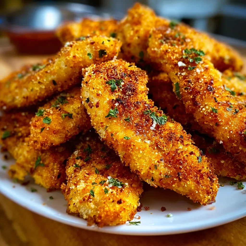 Homemade breaded chicken strips with golden panko coating garnished with fresh parsley