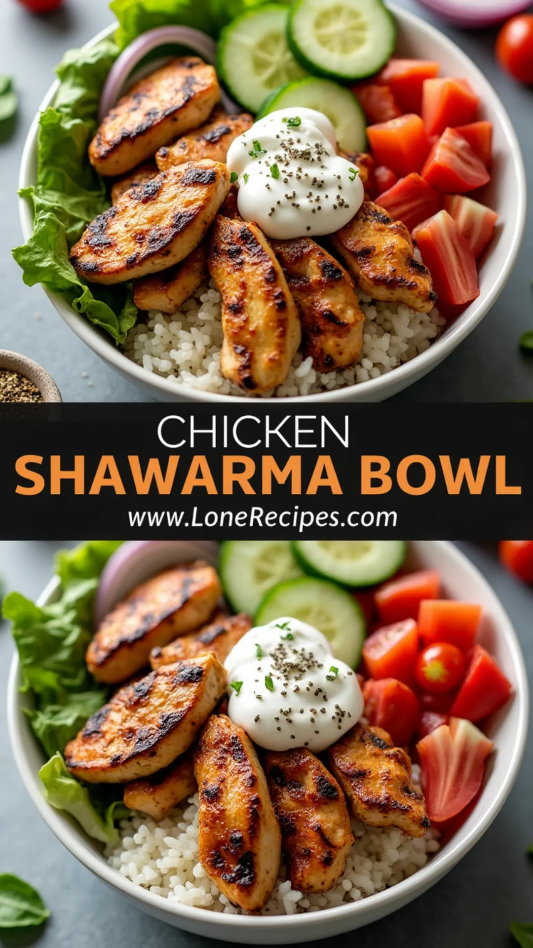 Middle Eastern chicken bowl with rice tomatoes cucumbers and garlic sauce beautifully plated