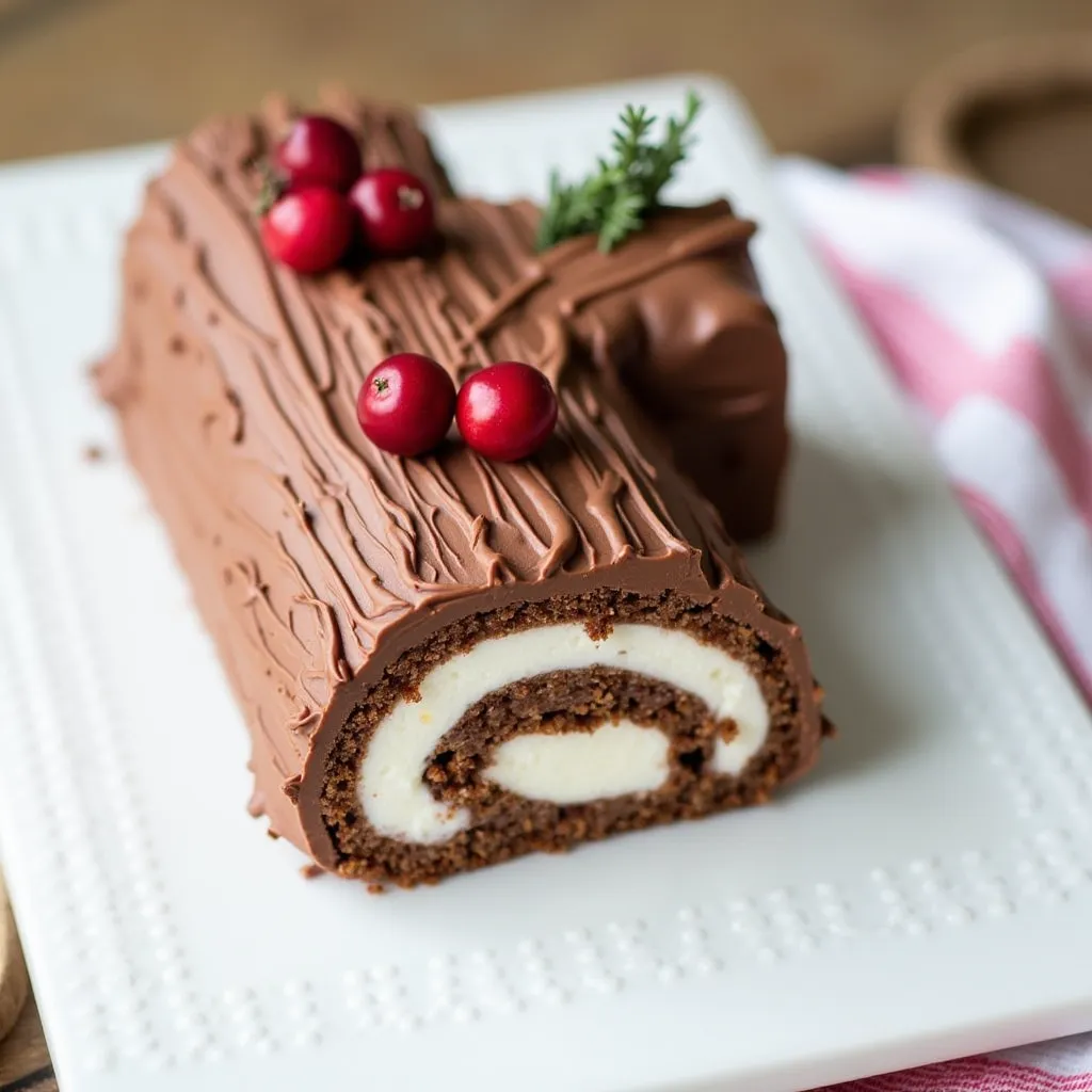 Elegant chocolate swiss roll cake with vanilla cream filling decorated with fresh cranberries and herbs for holiday celebrations