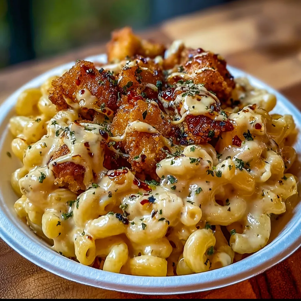 Delicious mac and cheese with golden brown chicken pieces and herb garnish