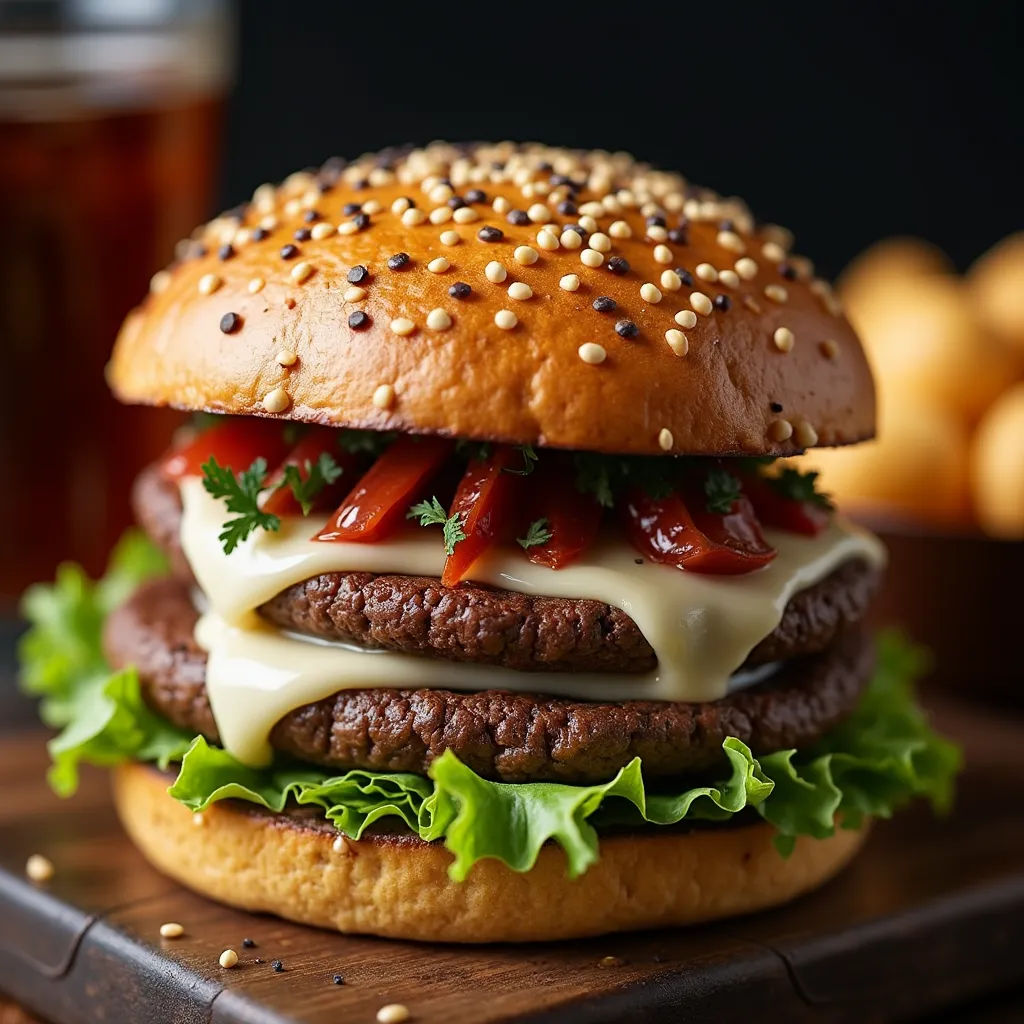 Homemade gourmet cheeseburger with sesame seed bun and fresh vegetables