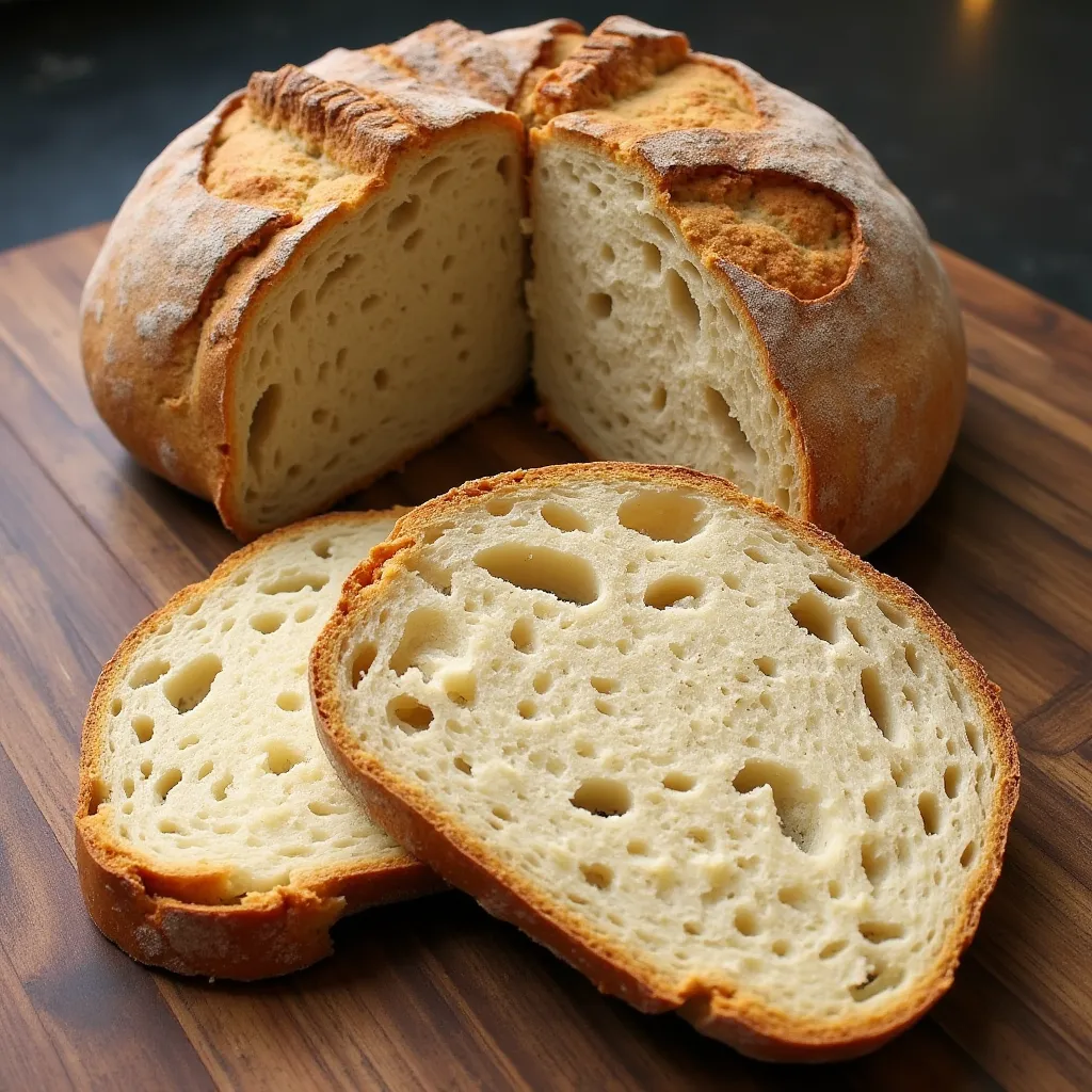 Homemade artisan sourdough loaf sliced to reveal open crumb structure