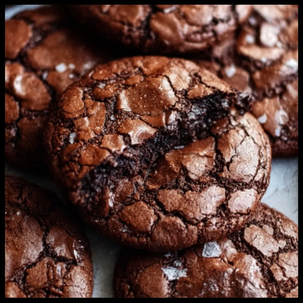 Rich chocolate brownie cookies with crackled tops and chocolate chips showing fudgy interior texture