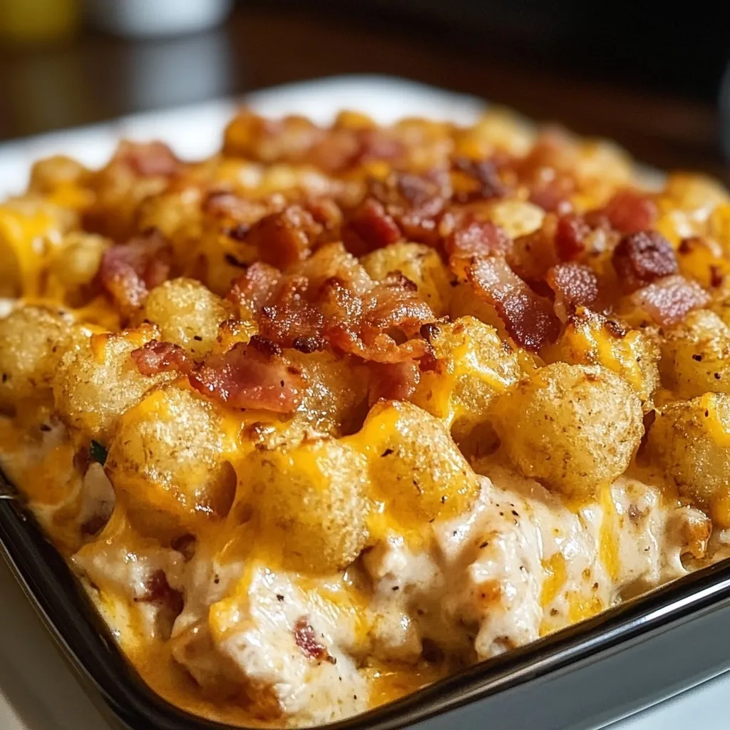 Golden tater tot casserole topped with melted cheese crispy bacon and fresh herbs in white bowl