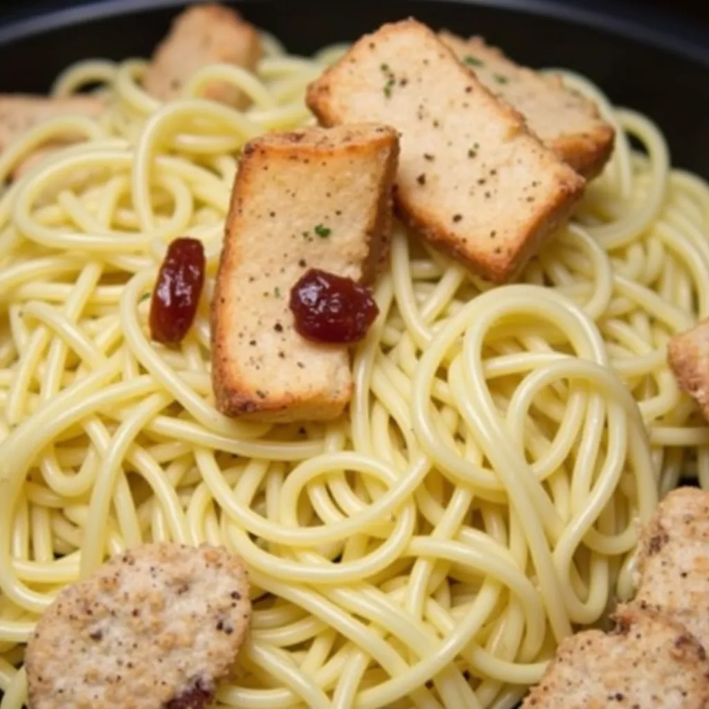 Crispy parmesan-crusted scallops on a twirled nest of linguine, garnished with sun-dried tomatoes and a light sprinkle of herbs.