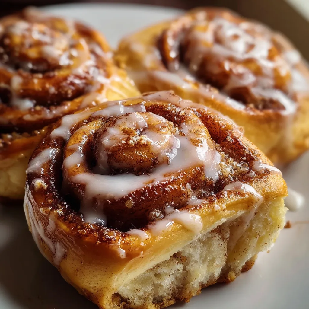 Golden banana bread cinnamon rolls with glossy white glaze dripping down the sides on a white plate