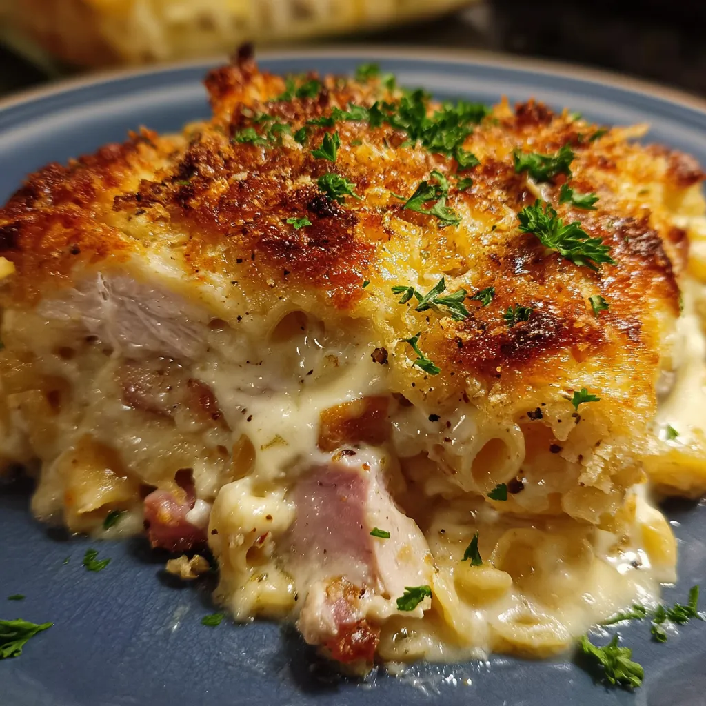 Creamy cheesy chicken casserole with ham and fresh parsley garnish