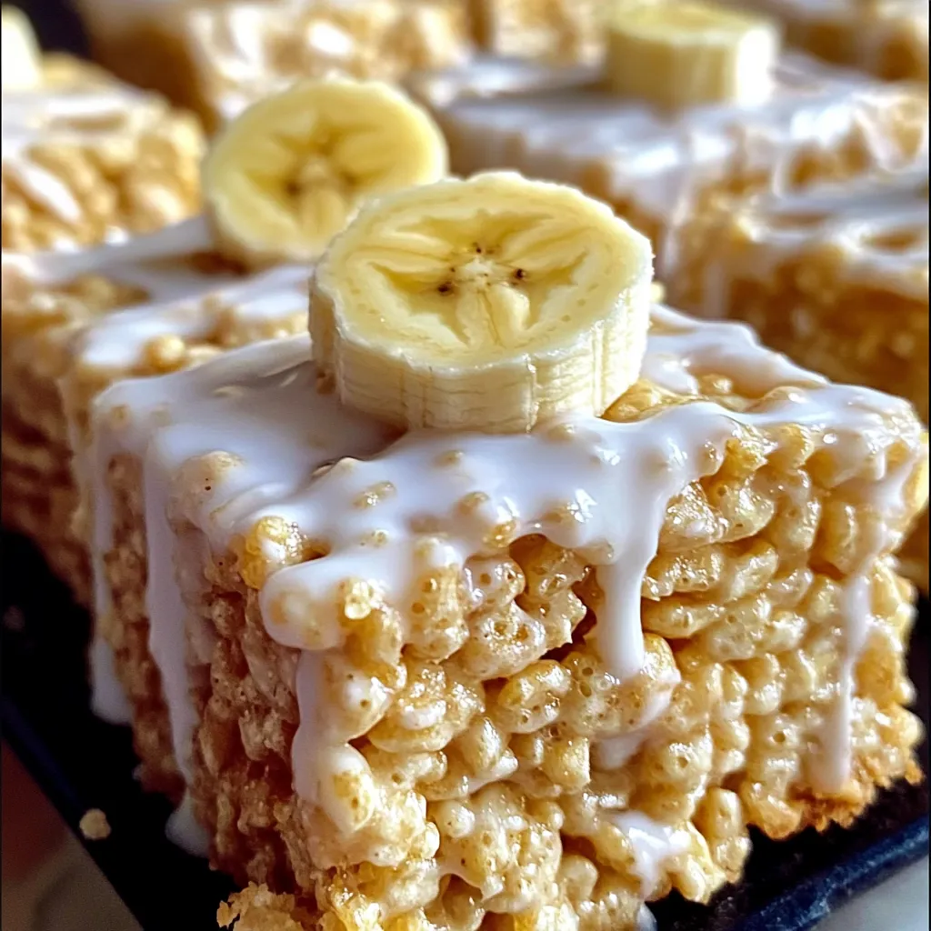 Thick homemade rice krispies bars drizzled with creamy white icing and banana garnish