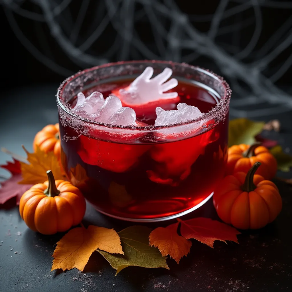 Blood-red party punch featuring creepy frozen hand ice molds, perfect for Halloween celebrations and spooky gatherings