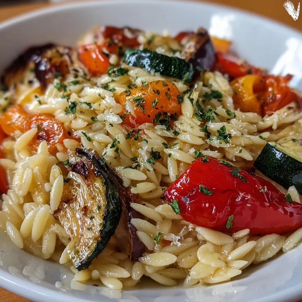 Mediterranean orzo dish with roasted vegetables parmesan cheese and herbs beautifully plated