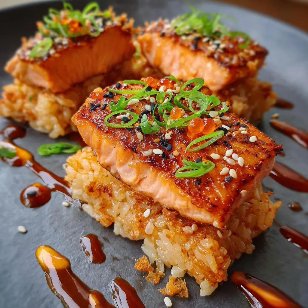 Elegant salmon crispy rice appetizer with fresh garnishes and sesame seeds