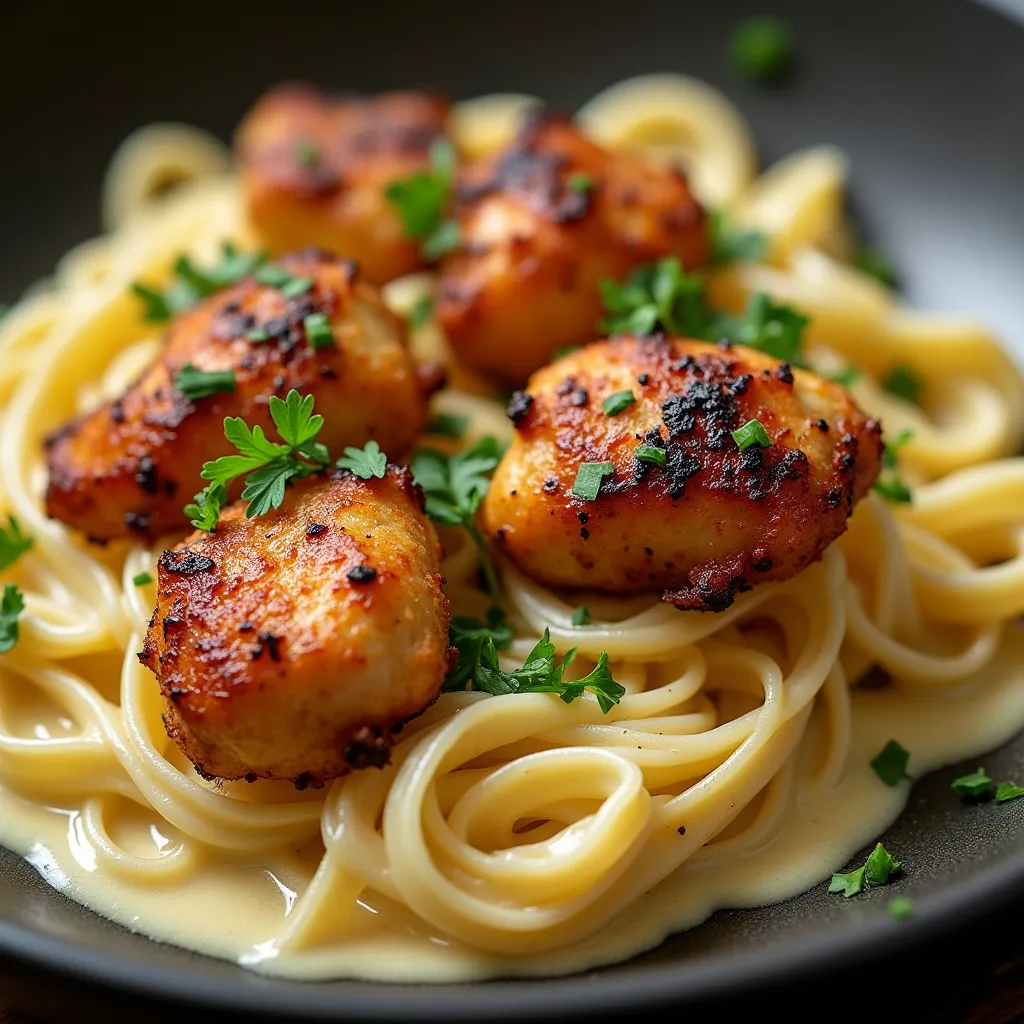 Tender juicy chicken chunks with caramelized edges atop silky parmesan linguine in rich cream sauce