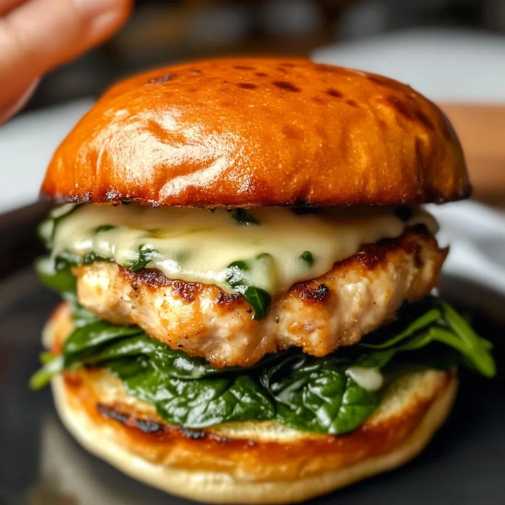 Gourmet chicken burger with stretchy melted cheese, grilled patty and vibrant green spinach on toasted bun