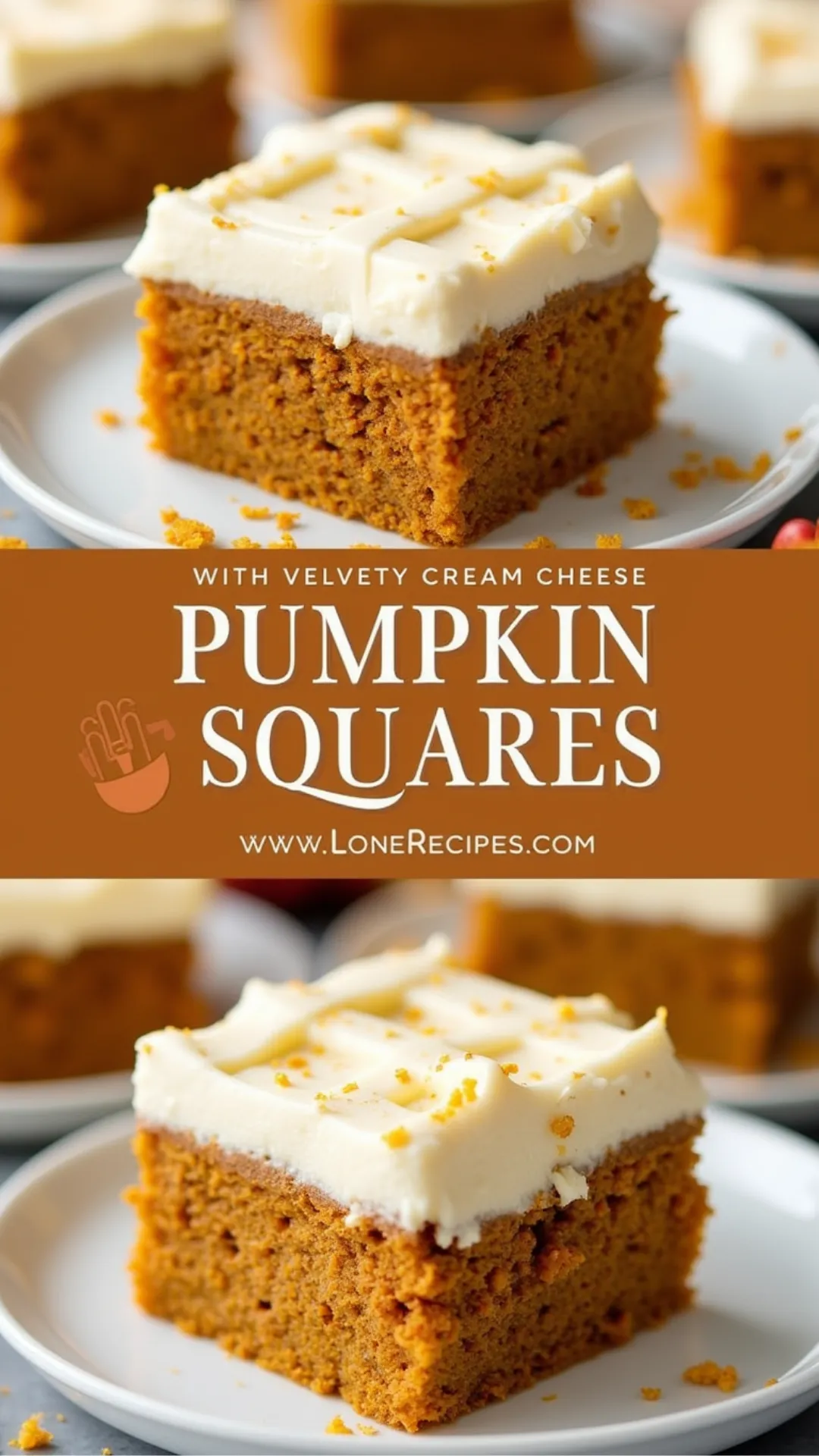 Homemade spiced pumpkin cake squares topped with smooth cream cheese frosting and golden sprinkles