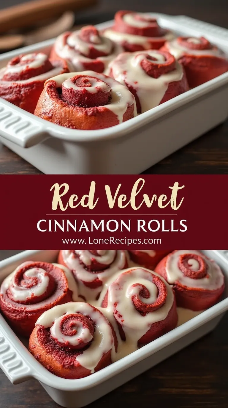 Six perfectly swirled red velvet cinnamon rolls dripping with rich cream cheese frosting