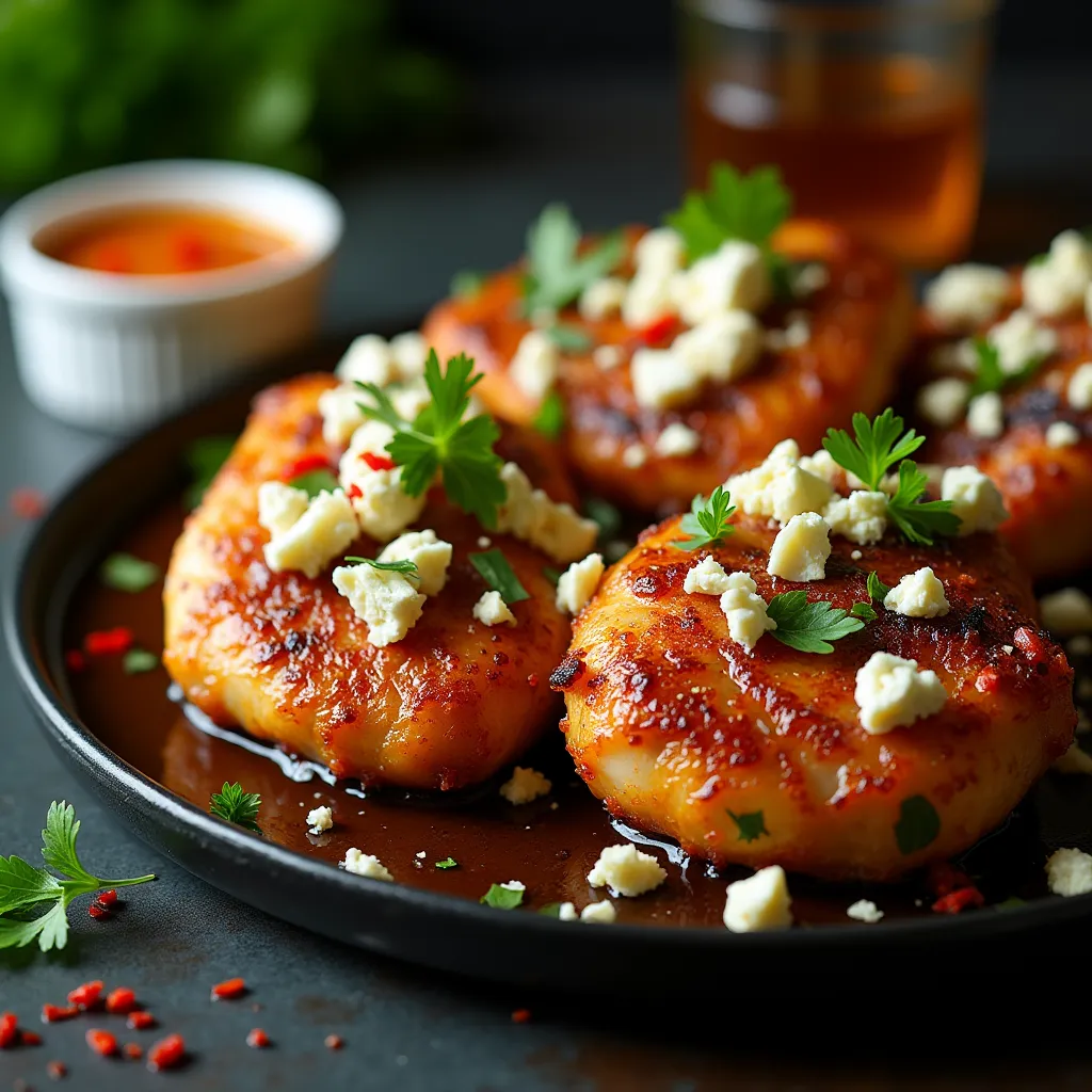 Juicy chicken with caramelized skin, sweet-spicy honey glaze and creamy feta cheese garnished with fresh herbs