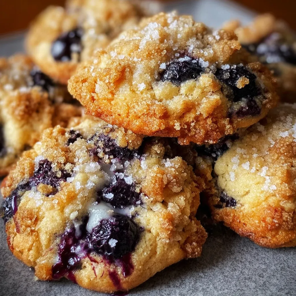 Stack of homemade blueberry muffin cookies with burst berries and sugar coating