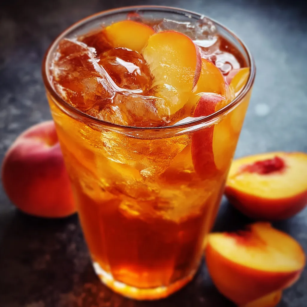 Refreshing iced tea with peach flavor and honey sweetness in a tall glass