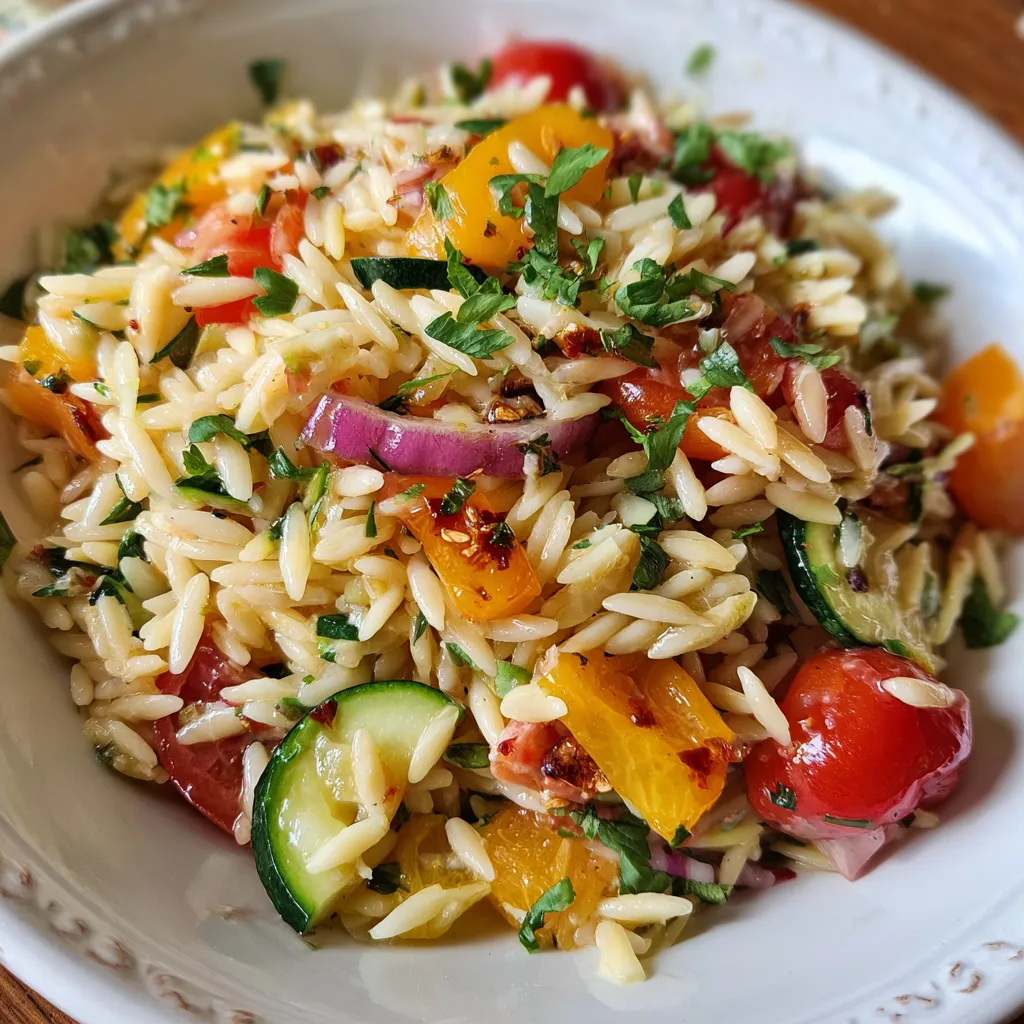 Mediterranean orzo pasta salad featuring vibrant vegetables and fresh parsley garnish