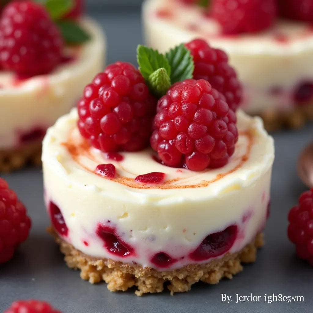 Creamy no-bake mini cheesecakes topped with fresh raspberries on a cookie crust