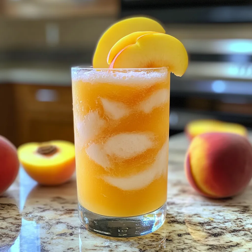 Beautiful layered peach lemonade with orange and white swirls garnished with fresh peach slices