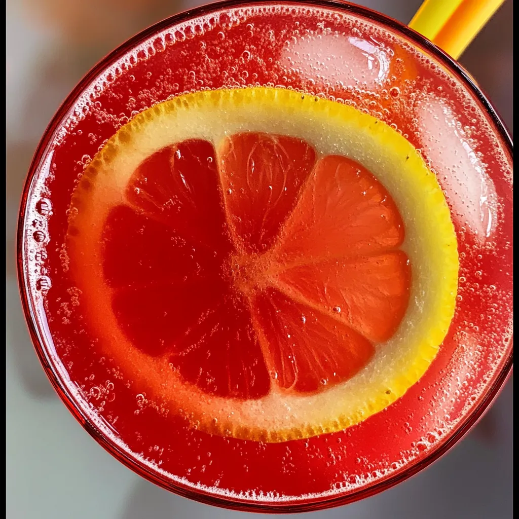 Top view of refreshing ruby red drink with floating lemon slice and sparkling bubbles