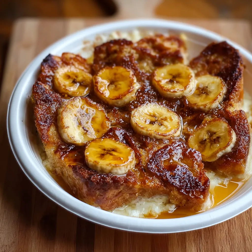 Decadent baked breakfast casserole featuring buttery croissants and sweet caramelized bananas