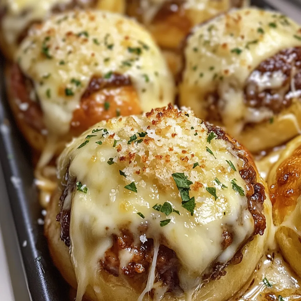 Close up of golden cheeseburger bombs topped with melted cheese and fresh herbs