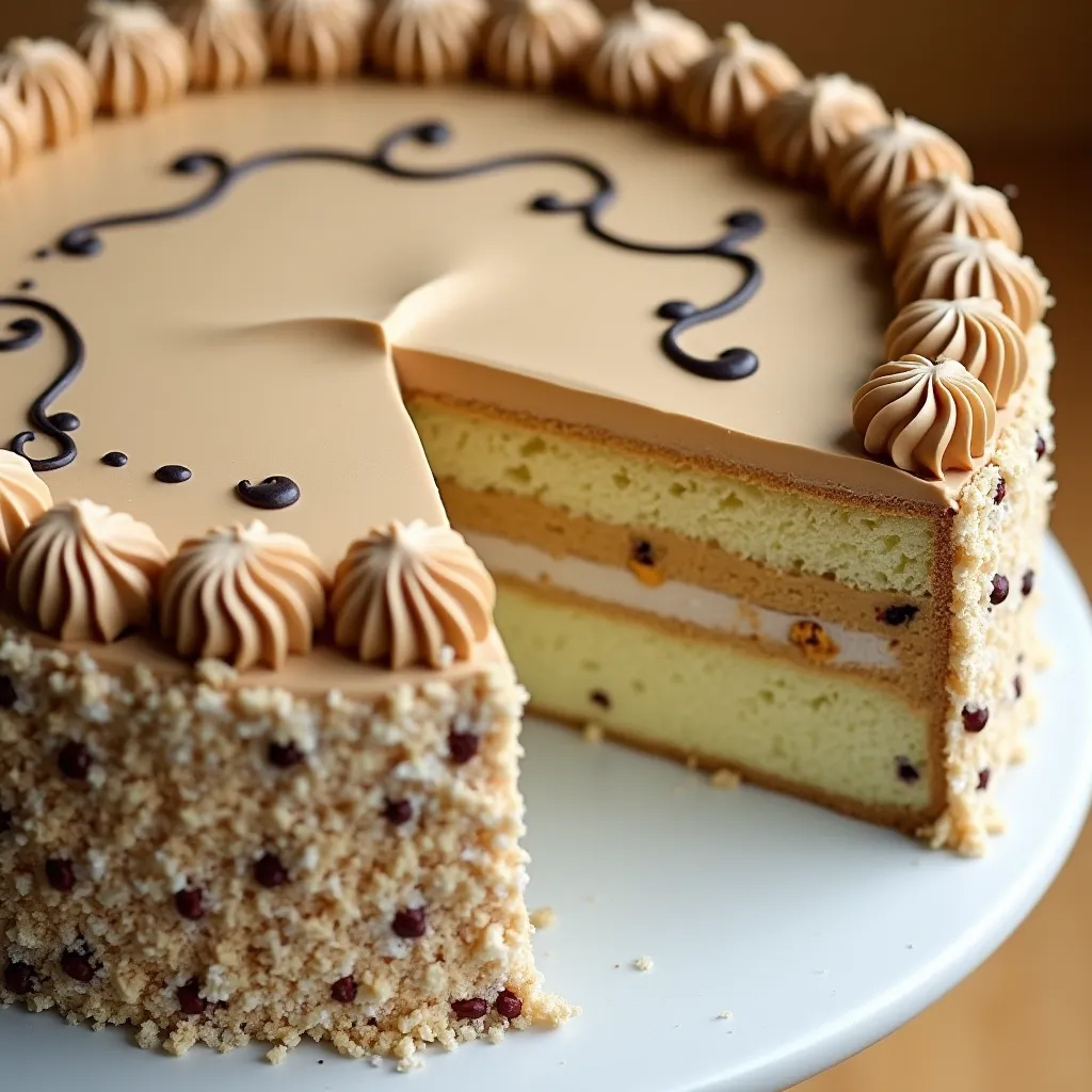 Three-layer vanilla cake with smooth caramel frosting and chocolate chip accents - perfect for celebrations