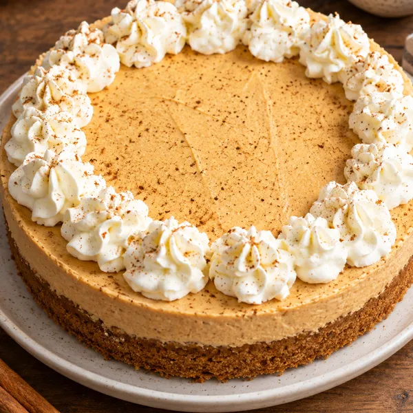 Overhead view of the cheesecake on a white plate, ready to slice