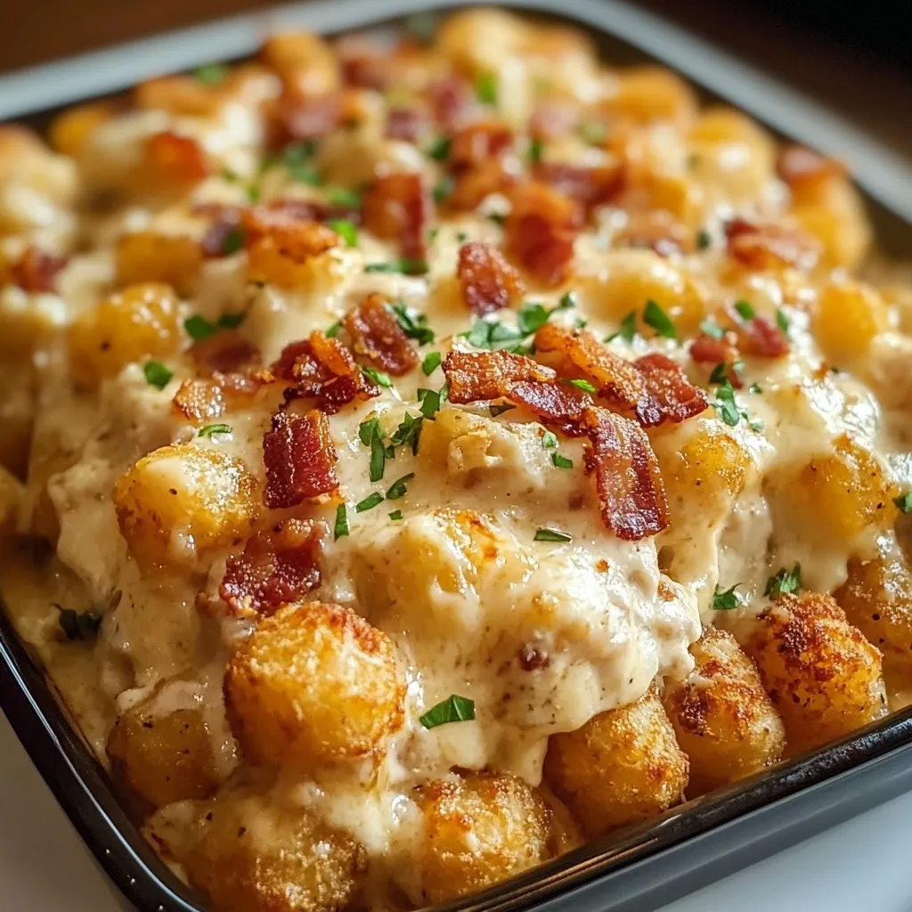 Loaded chicken bacon ranch casserole with golden tater tots and melted cheddar cheese comfort food
