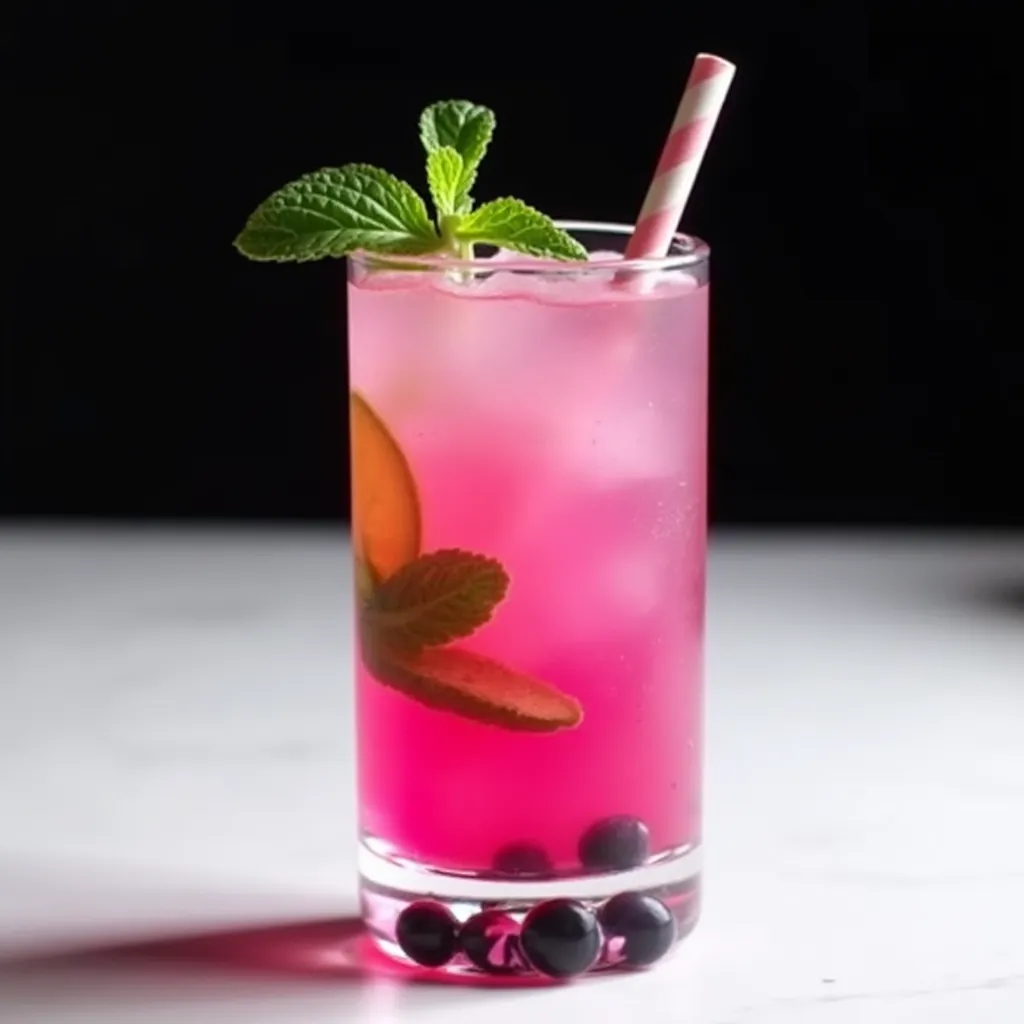Refreshing pink blueberry drink garnished with mint and served with a striped straw