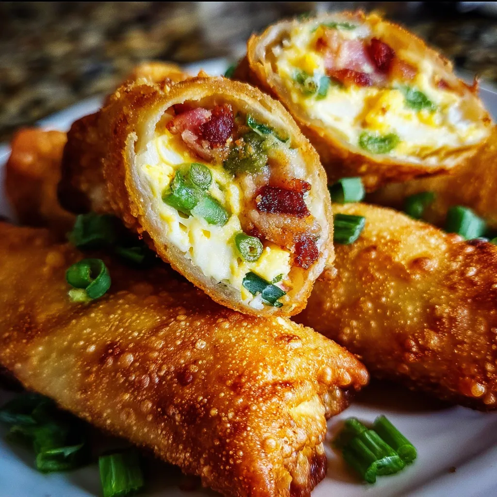 Golden crispy jalapeño popper egg rolls cut in half showing creamy cheese filling with diced jalapeños and bacon