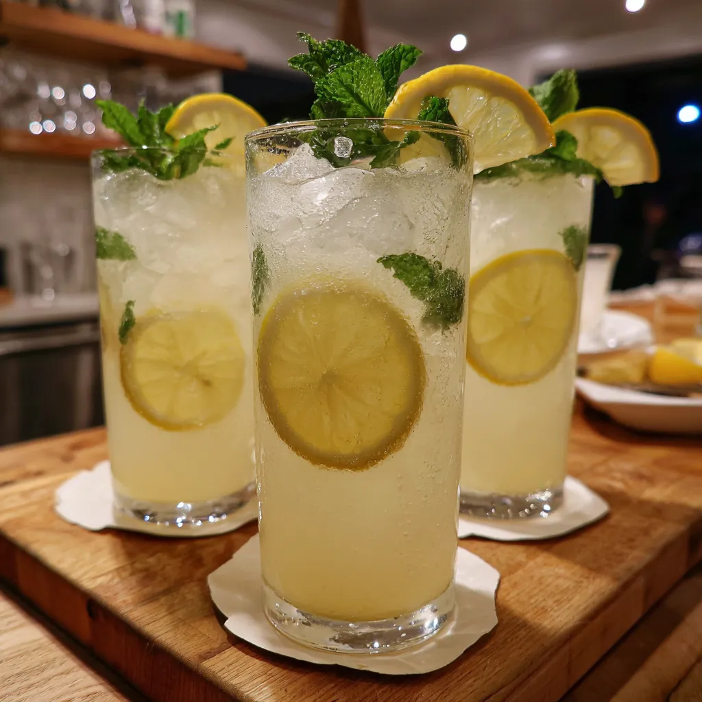 Refreshing summer beverage with ice cubes and condensation on clear glasses