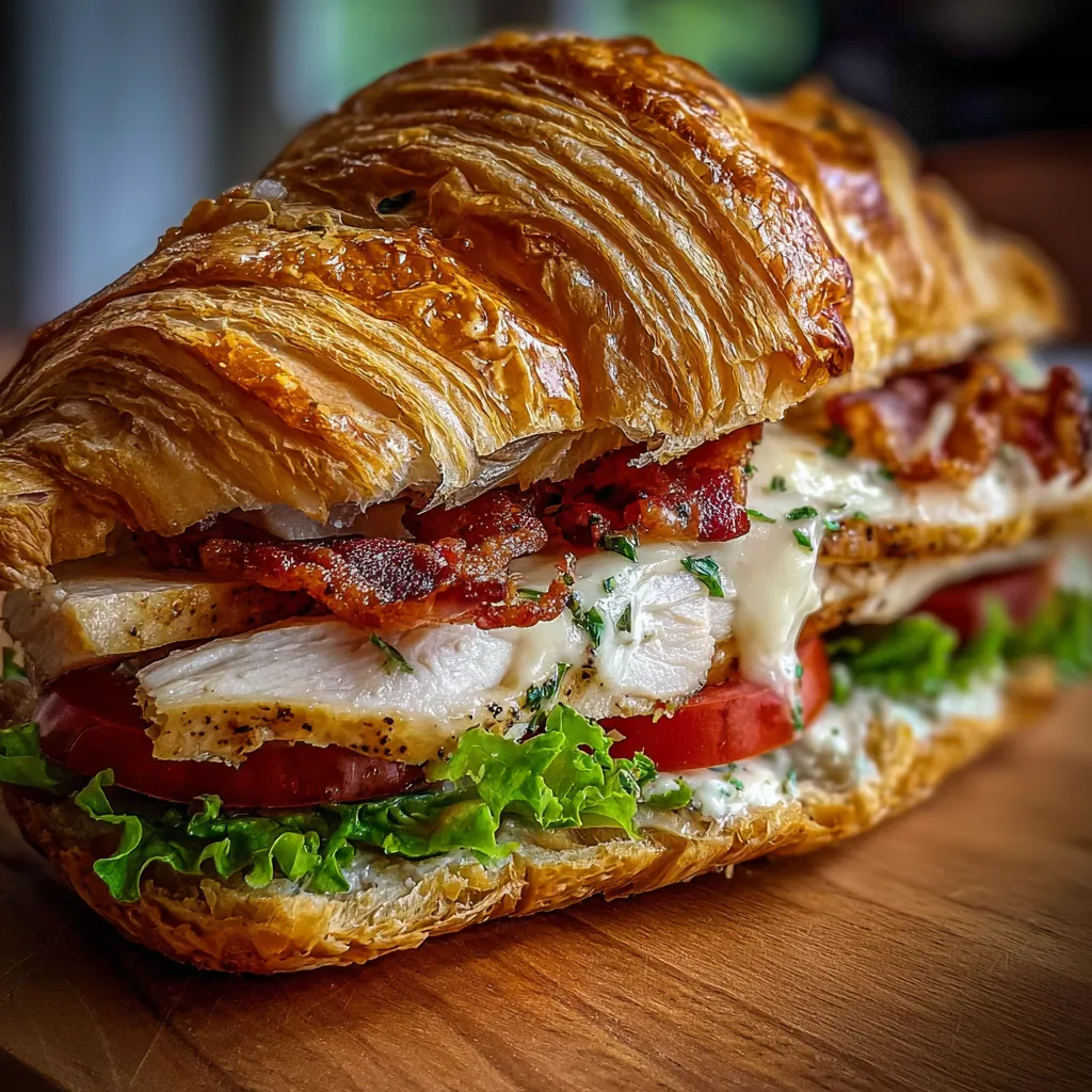 Artisan croissant sandwich featuring tender chicken, bacon, lettuce and herbs on wooden board
