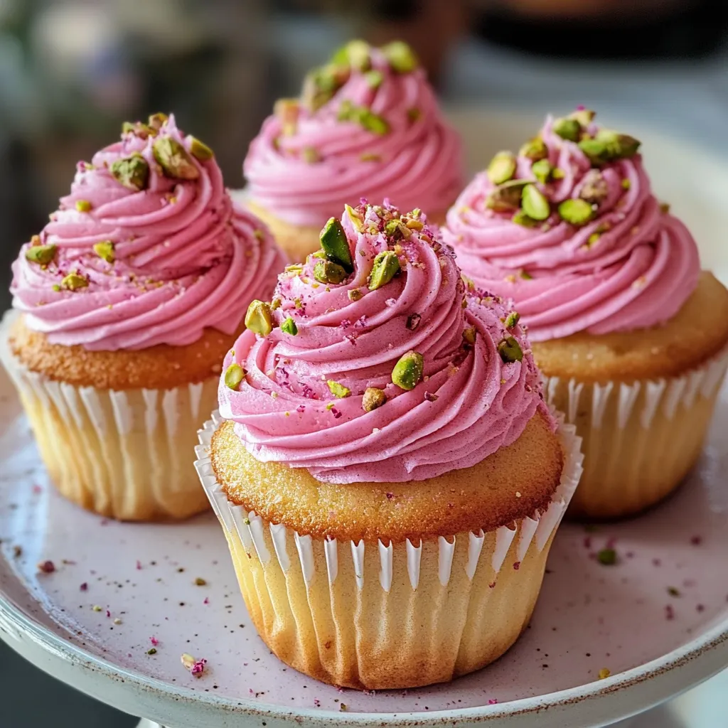 Beautiful homemade cupcakes featuring rose flavored frosting and green pistachio garnish