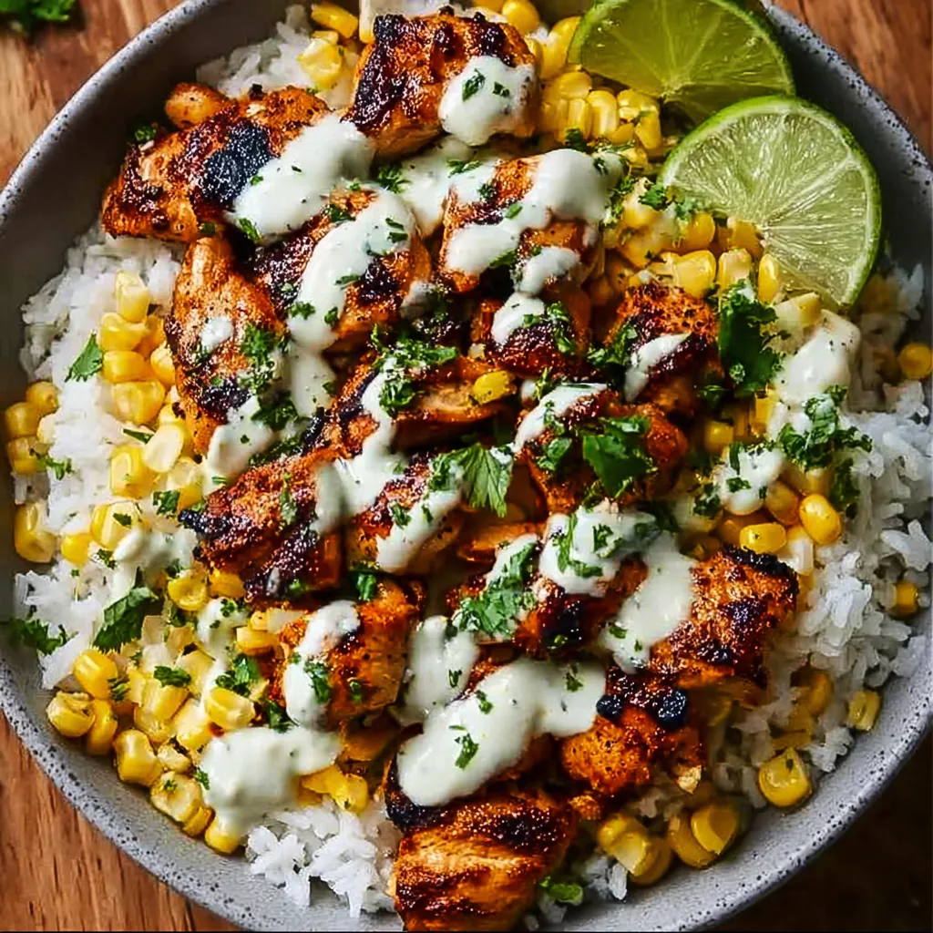 Mexican street corn inspired chicken bowl with smoky spices and fresh herbs on fluffy rice