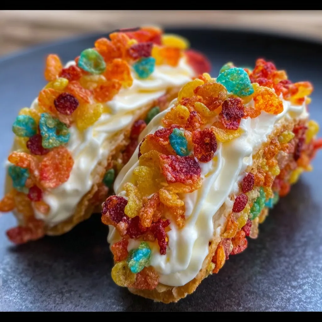 Fun dessert tacos made with fruity pebbles and vanilla cheesecake filling