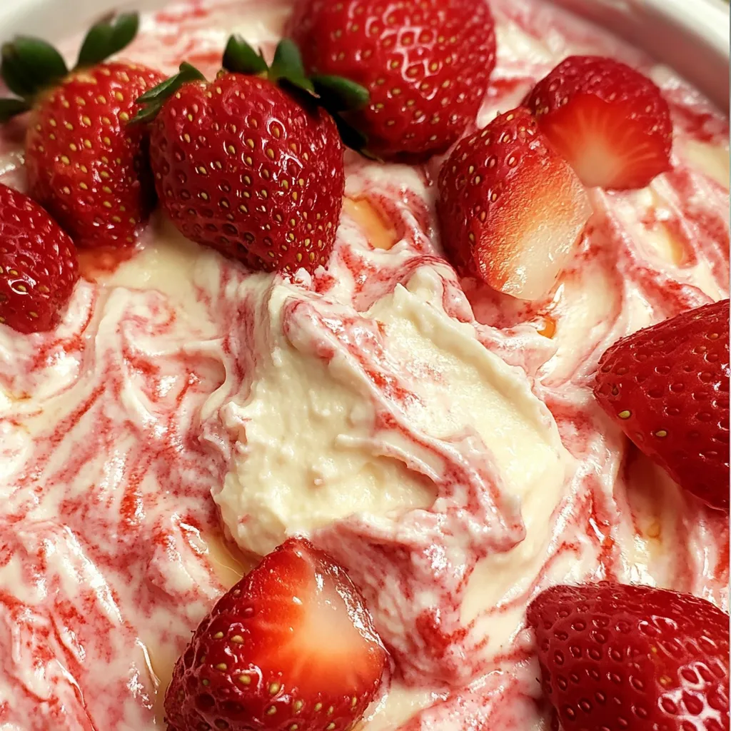 Luxurious strawberry cheesecake dip garnished with fresh berries in elegant white bowl