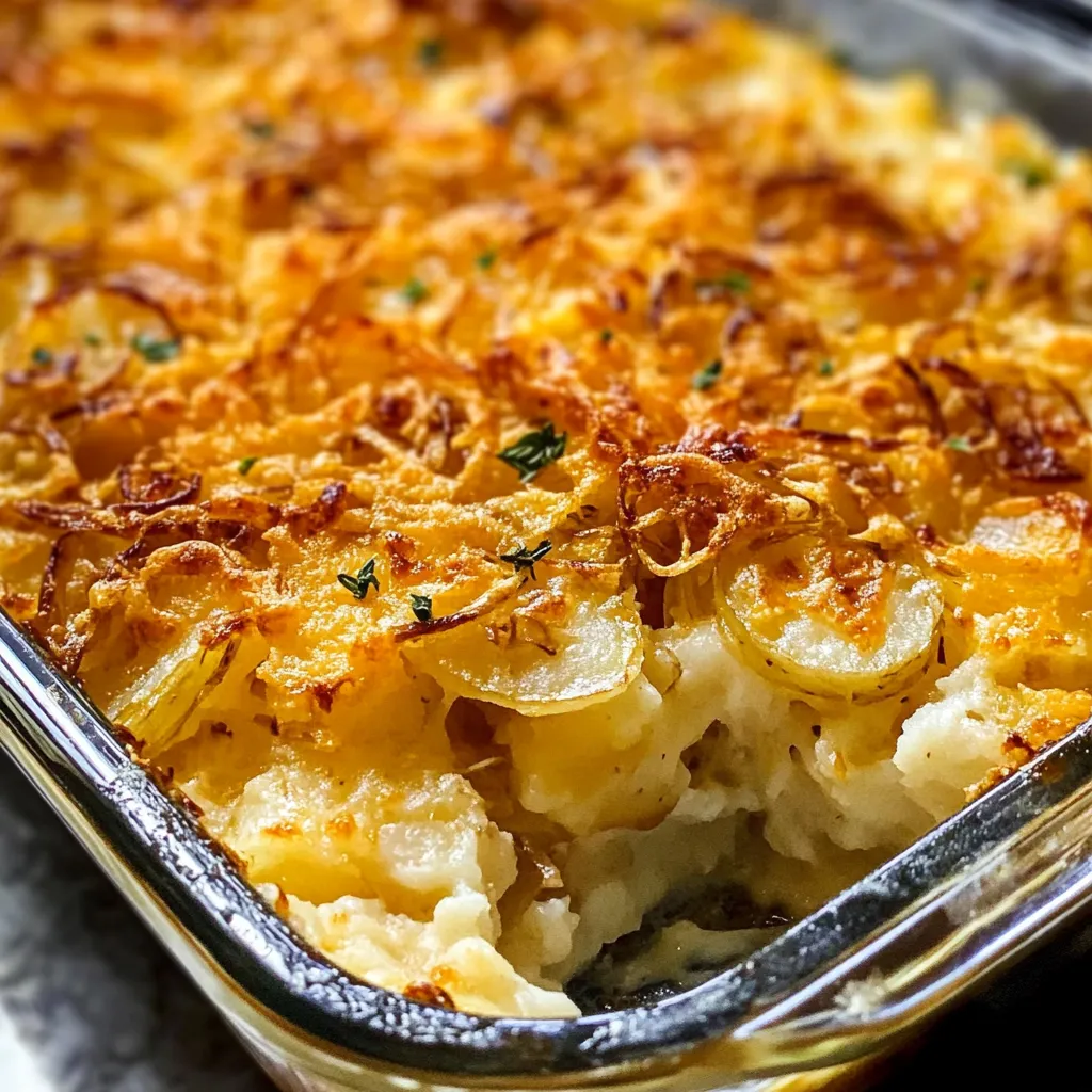 Creamy potato casserole topped with perfectly browned caramelized onions and golden cheese fresh from oven