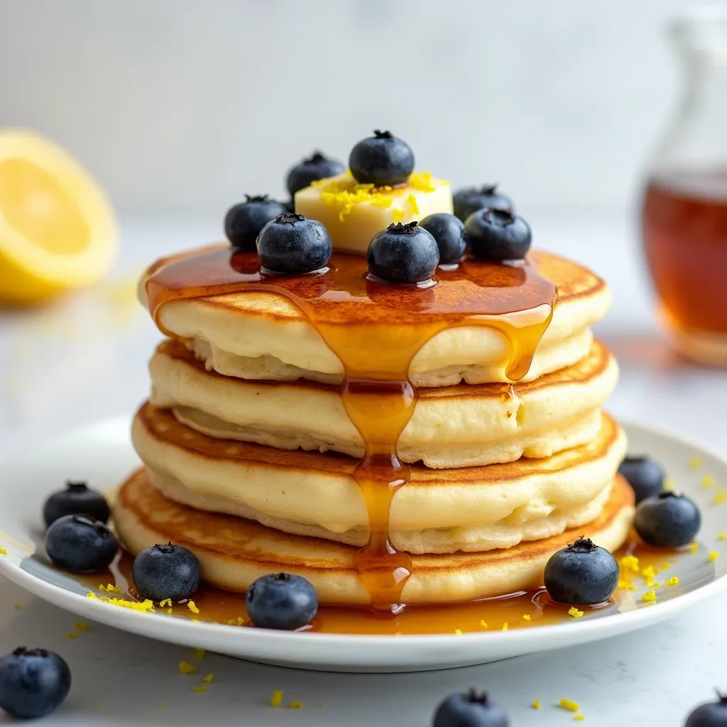 Fluffy lemon-infused pancakes with ripe blueberries and butter drizzled with maple syrup